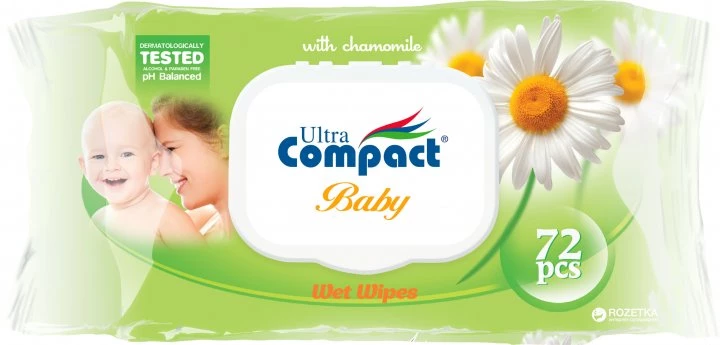 Дитячі вологі серветки із клапаном Ultra Compact Ромашка, 72 шт.