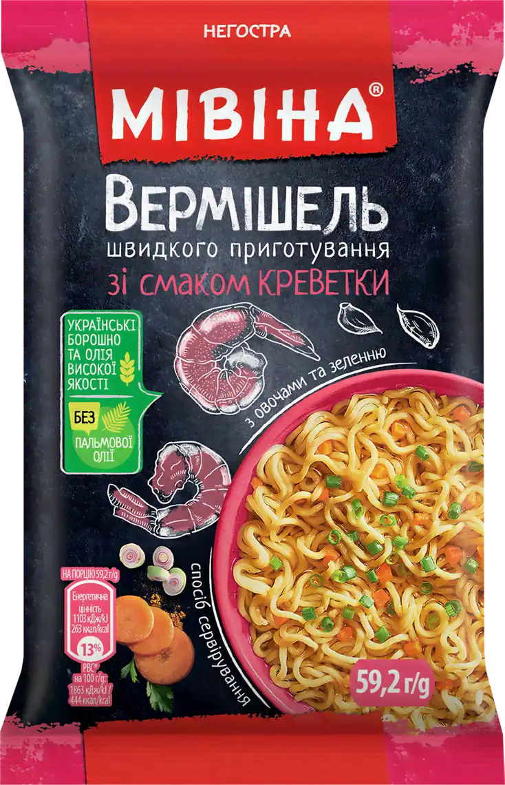Вермішель Мівіна зі смаком креветки з овочами та зеленню негостра 59.2 г