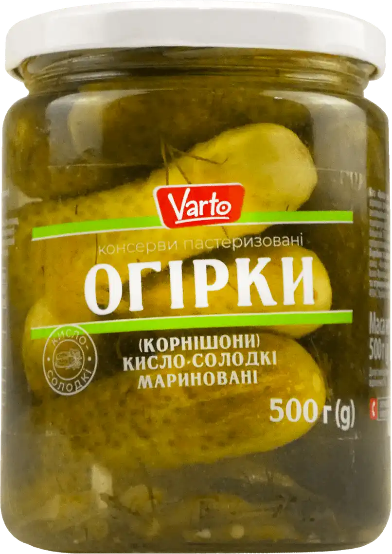 Огірки корнішони Varto мариновані кисло-солодкі 500 г