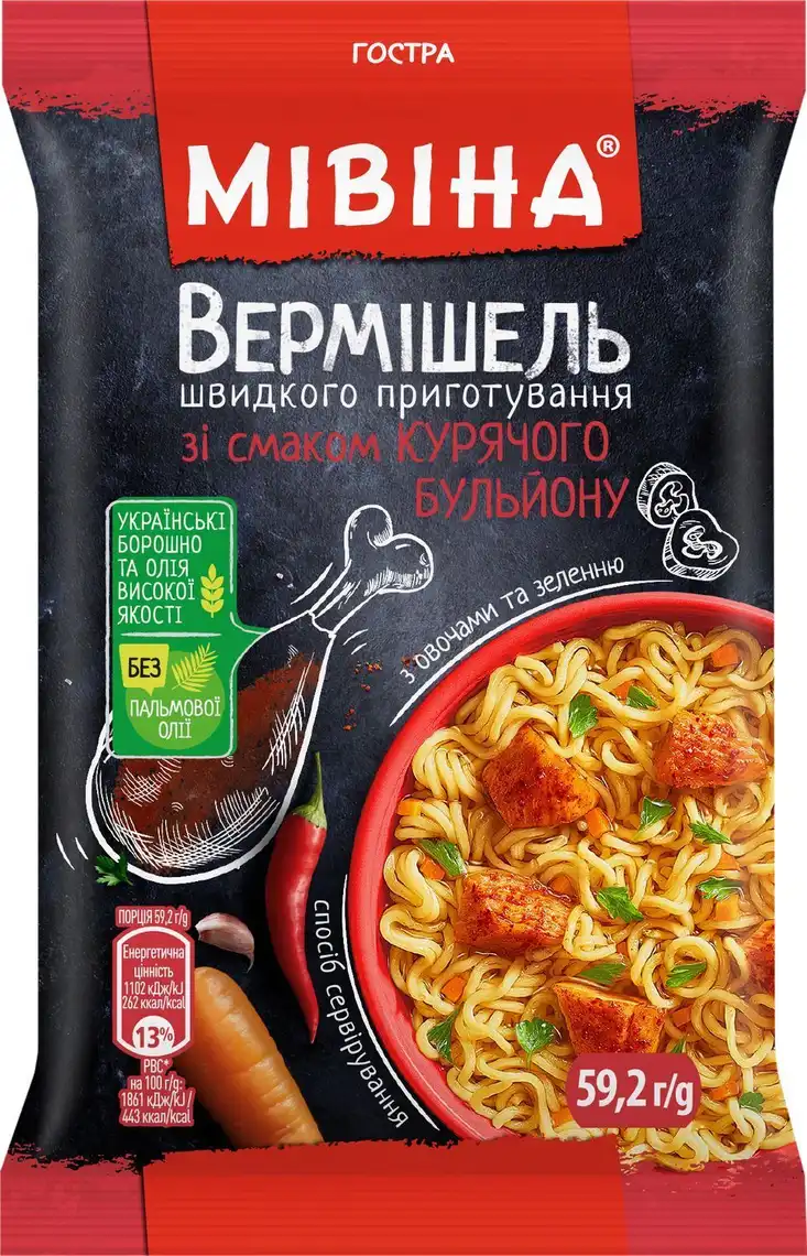 Вермішель швидкого приготування Мівіна зі смаком курячого бульйону з овочами та зеленню гостра 59, 2 г