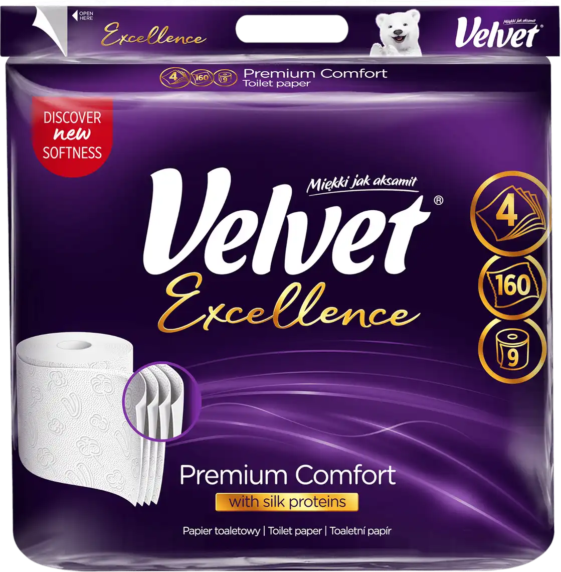 Папір туалетний Velvet Excellence Silk Proteins 4-шаровий 9 рулонів