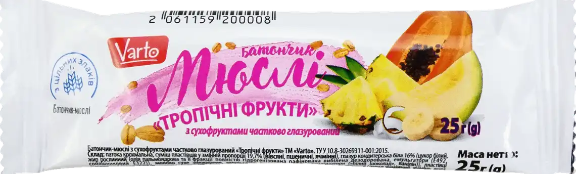 Батончик-мюслі Varto з тропічними фруктами 25 г