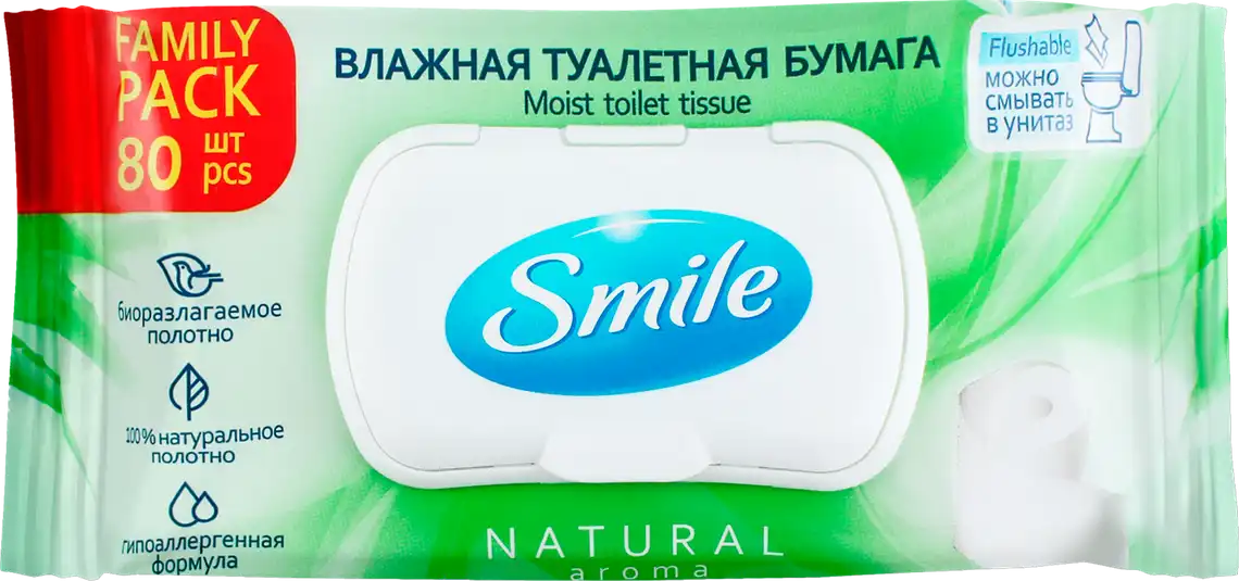 Папір туалетний Smile Family Natural Aroma вологий з клапаном 80 шт