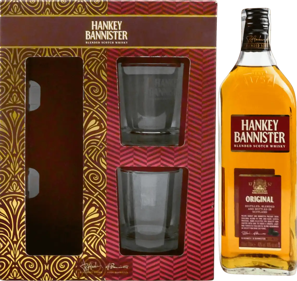 Віскі Hankey Bannister Original купажований 3 роки витримки 2 склянки в комплекті 40% 0.7 л