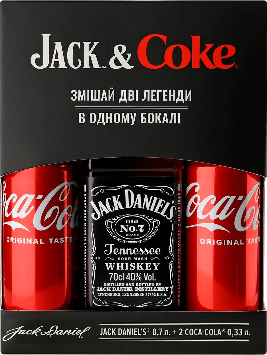 Набір віскі Jack Daniel's Old No.7 40% 0.7 л + напій Coca-Cola 0.33 л x 2 шт