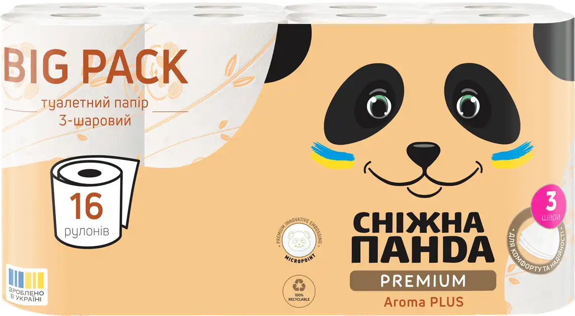 Папір туалетний Сніжна панда Premium Aroma Plus 3-шаровий 16 шт