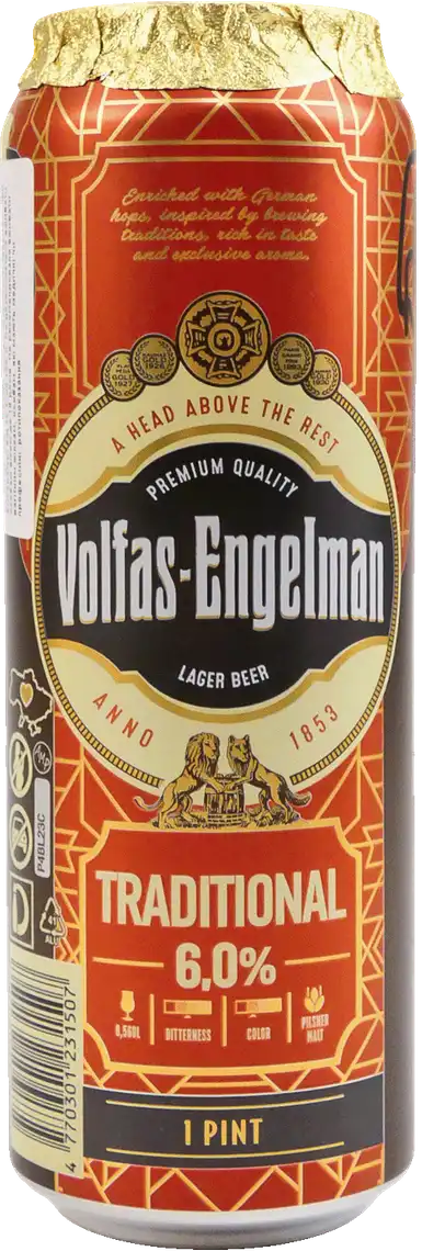 Пиво Volfas Engelman Tradiciskas світле 6% 568 мл