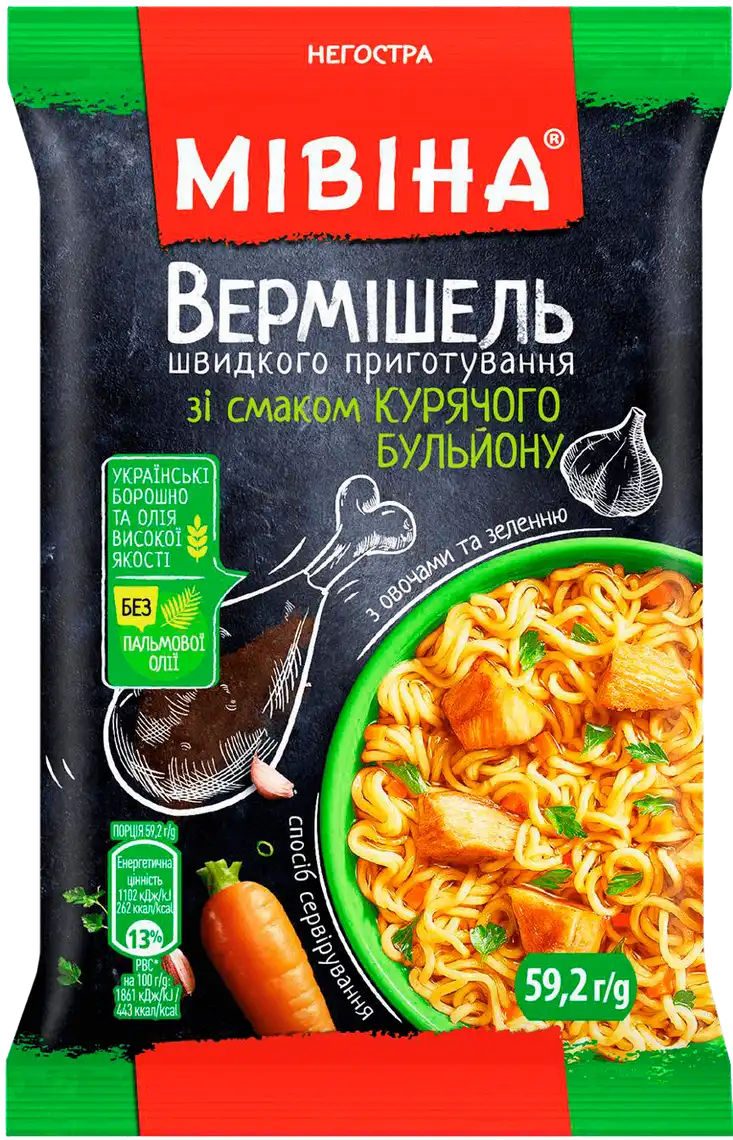 Вермішель швидкого приготування Мівіна зі смаком курячого бульйону з овочами та зеленню негостра 59, 2 г