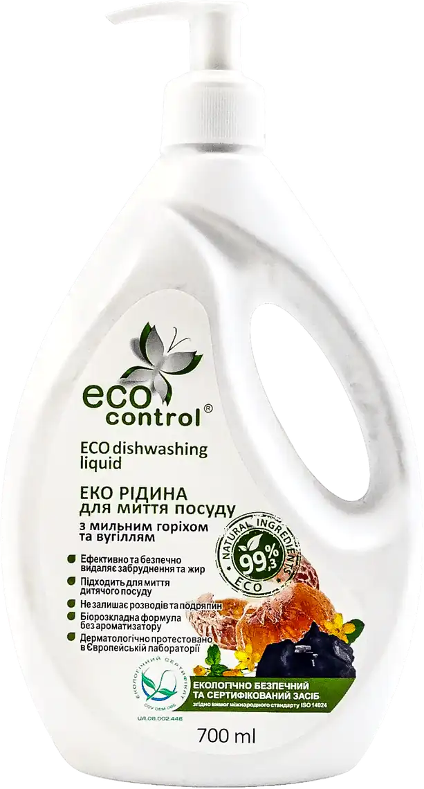 Засіб для миття посуду ECO Control з мильним горіхом та вугіллям 700 мл