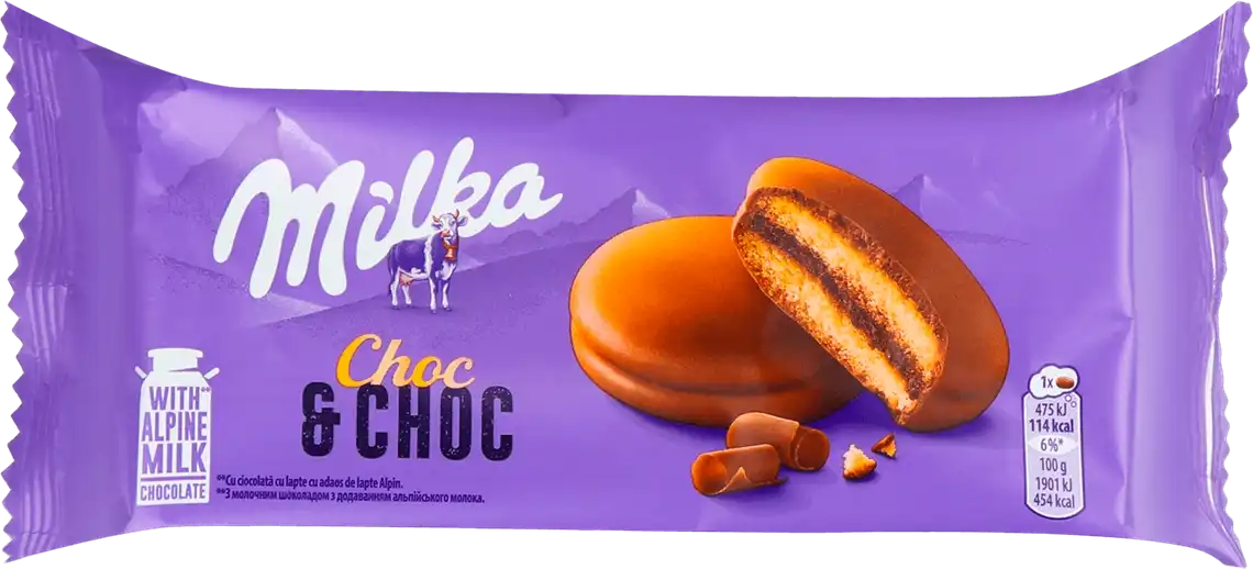 Тістечко-сендвіч Milka Choc & Choc бісквітне в молочному шоколаді 150 г
