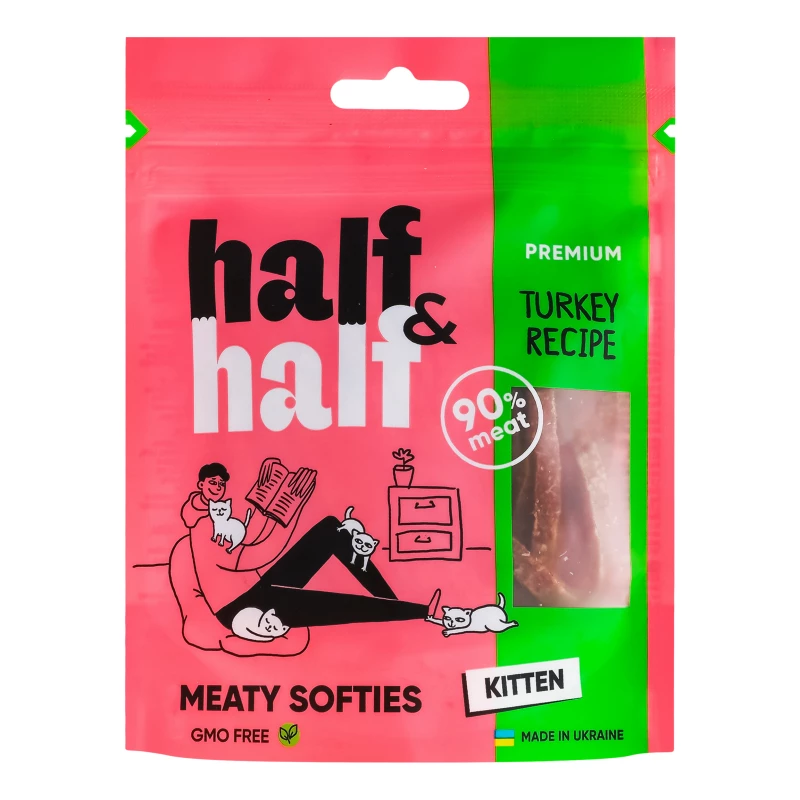 Ласощі для котів Half&Half у формі м'ясних шматочків з індичкою 50 г (4823082431830)