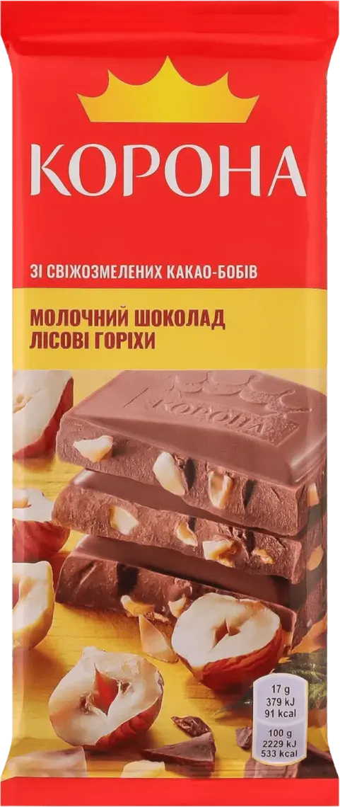 Шоколад Корона молочний з подрібненими лісовими горіхами 85 г