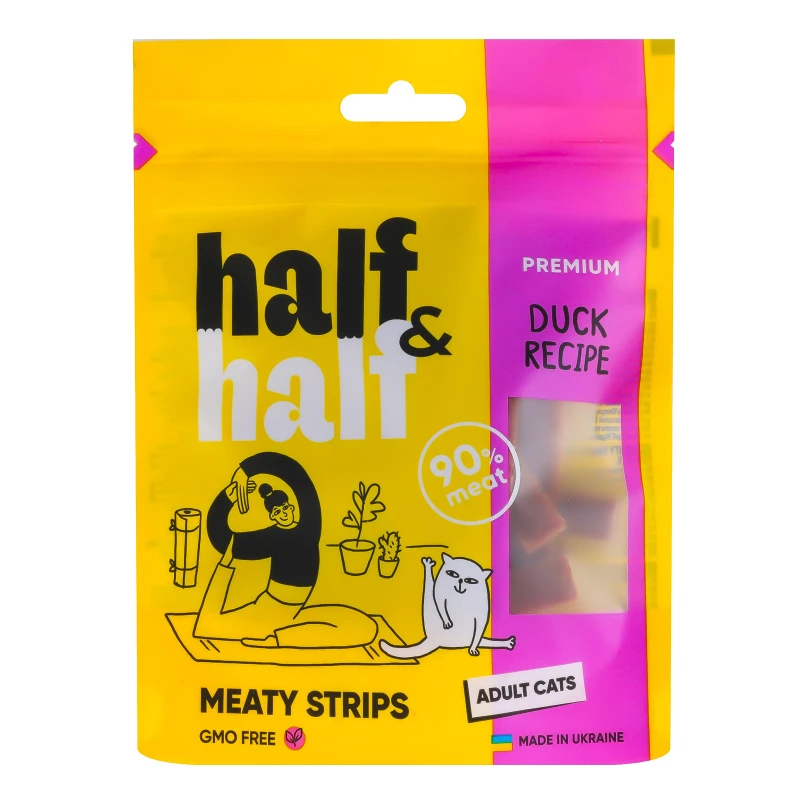 Ласощі для котів Half&Half у формі м'ясних смужечок з качкою 50 г (4823082431847)