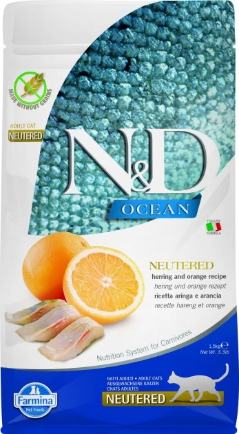 Сухий корм 1.5 кг для дорослих кастрованих котів. Farmina N&D Cat Ocean Herring & Orange