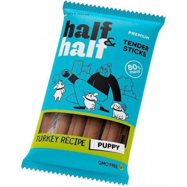 Ласощі для цуценят усіх порід Half&Half Палички м'ясні з індичкою 100 г (4823082431755)