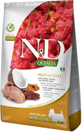 Корм сухий для собак дрібних порід при харчовій алергії Farmina N&D Quinoa Skin&Coat з перепелом, кіноа, кокосом та куркумою, 2.5 кг (168047)