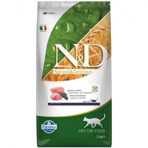 Беззерновий сухий корм 10 кг для дорослих котів. Farmina N&D Prime GF Cat Lamb&Blueberry Adult з ягням та чорницею