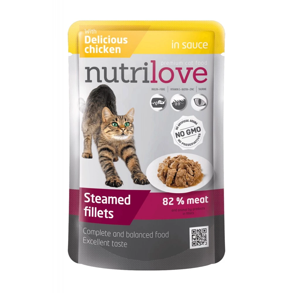 Корм вологий для дорослих котів Nutrilove Steamed Fillets з ніжною куркою в соусі 85 г (8595606402713)