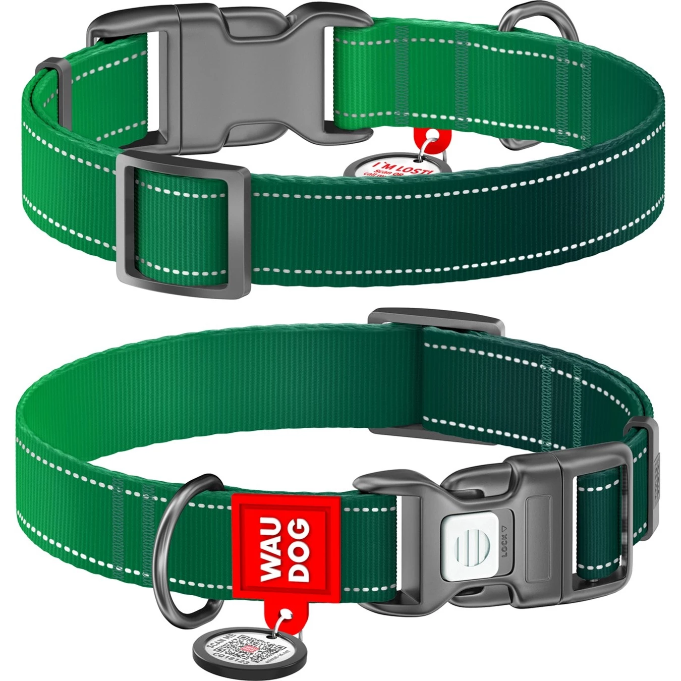 Нашийник для собак Waudog Nylon з QR паспортом, світловідбивний, Mono зелений S, 25-35 см (4823089367217)