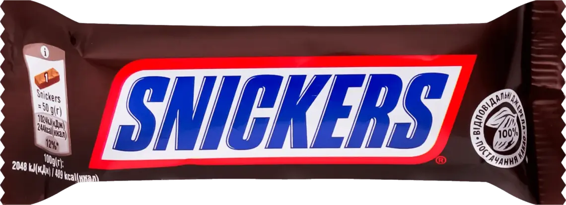 Батончик Snickers шоколадний з нугою, карамеллю і арахісом 50 г