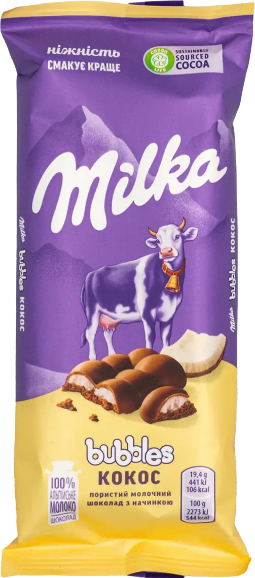 Шоколад Milka Bubbles молочний пористий з кокосом 97 г