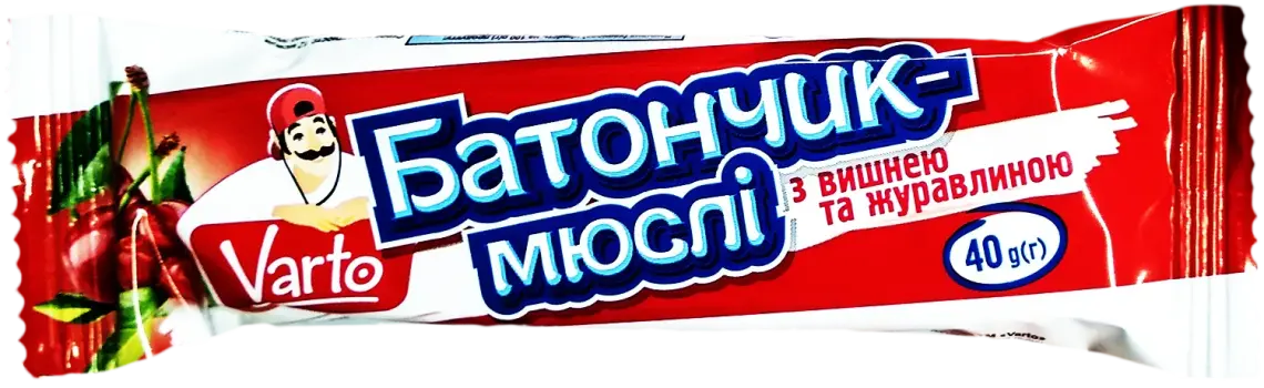 Батончик-мюслі Varto з вишнею та журавлиною 40 г