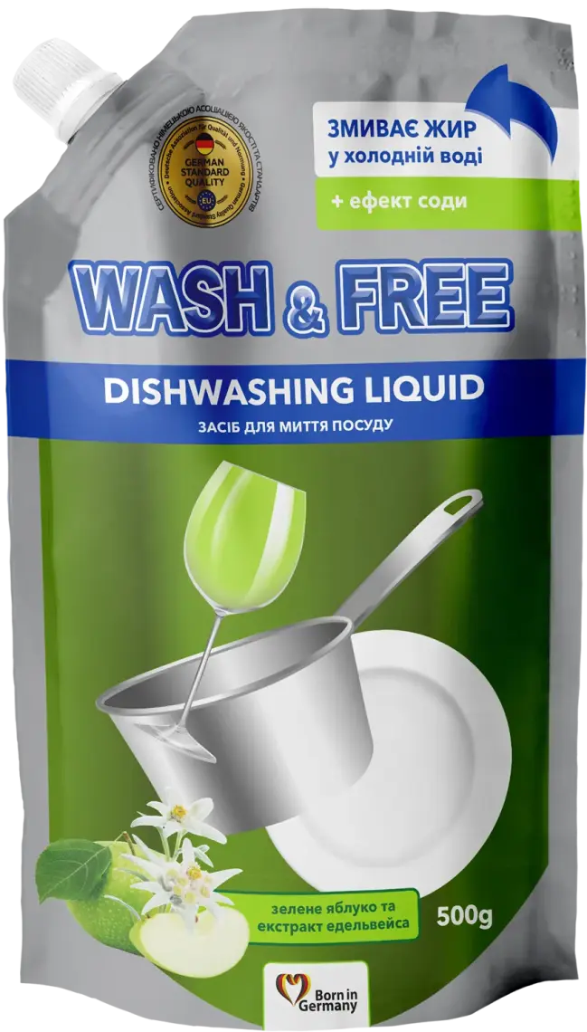 Засіб для миття посуду Wash&Free Зелене яблуко та екстракт едельвейса 500 г