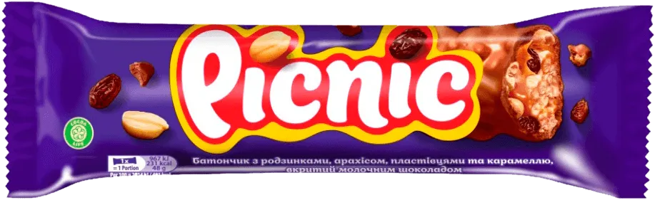 Батончик Picnic з карамельною начинкою, арахісом, пластівцями і родзинками 48г