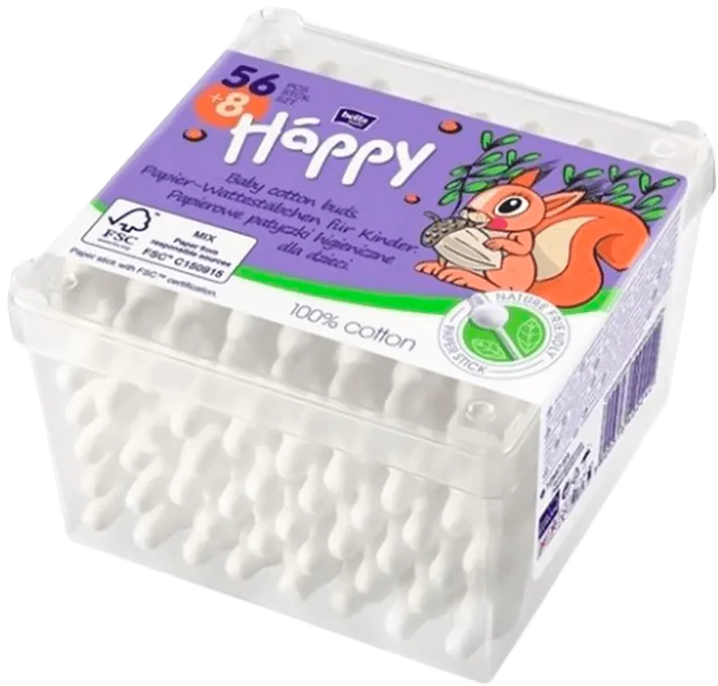 Палички Bella Baby Happy ватні гігієнічні для дітей з обмежувачем 56+8 шт