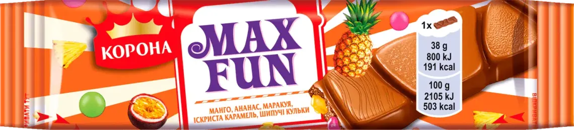 Шоколад Корона Max Fun молочний з манго, ананасом, маракуєю та рисовими кульками 38 г