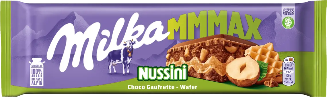 Шоколад Milka Nussini молочний з горіховою пастою, подрібненим фундуком та вафлею 270 г