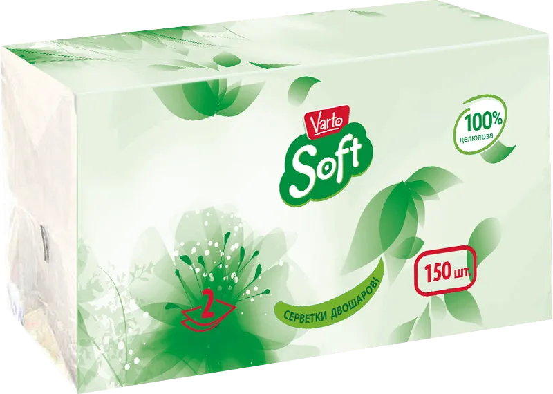 Серветки косметичні Varto Soft двошарові в плівці 150 шт