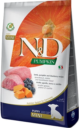 Корм сухий для цуценят малих порід Farmina N&D Grain Free Puppy Mini для цуценят малих порід з ягням, гарбузом і чорницею, 2.5 кг (156348)