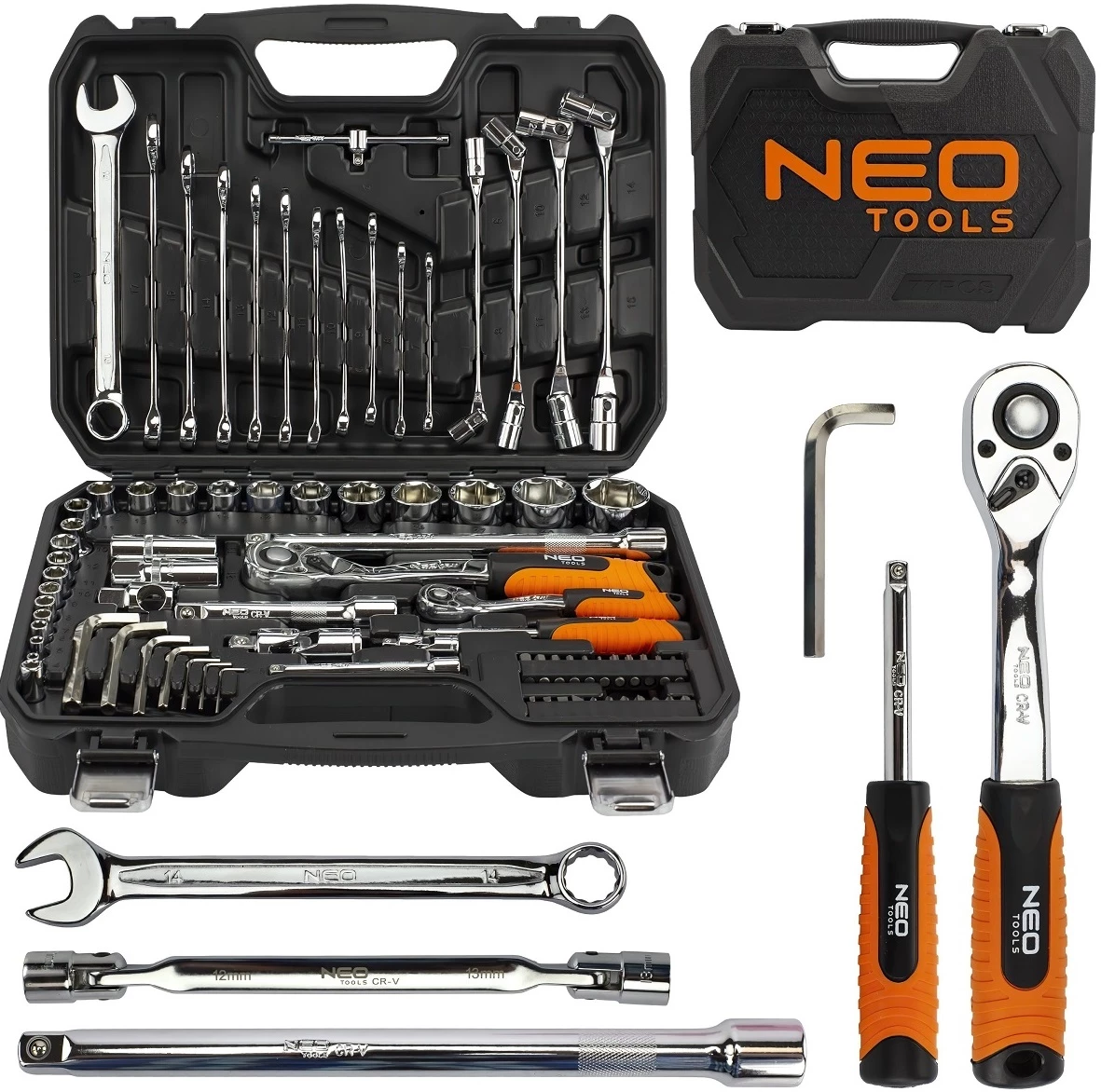 Набір інструменту Neo Tools, 1/2", 1/4", CrV, 77 одиниць