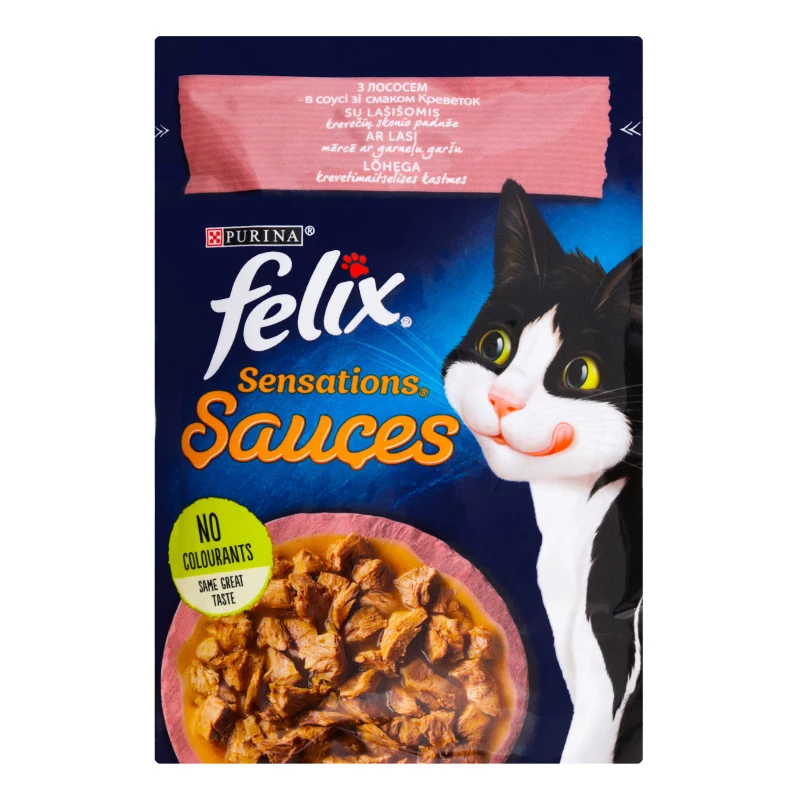 Корм вологий для котів Purina Felix Sensations Sauces з лососем в соусі зі смаком креветок, 85 г (7613039836026)