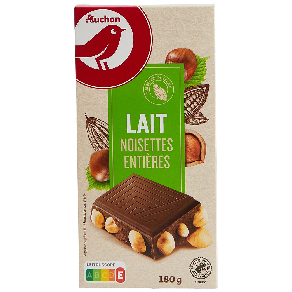 Шоколад молочний Auchan з цільним фундуком 182 г (3245678046975)