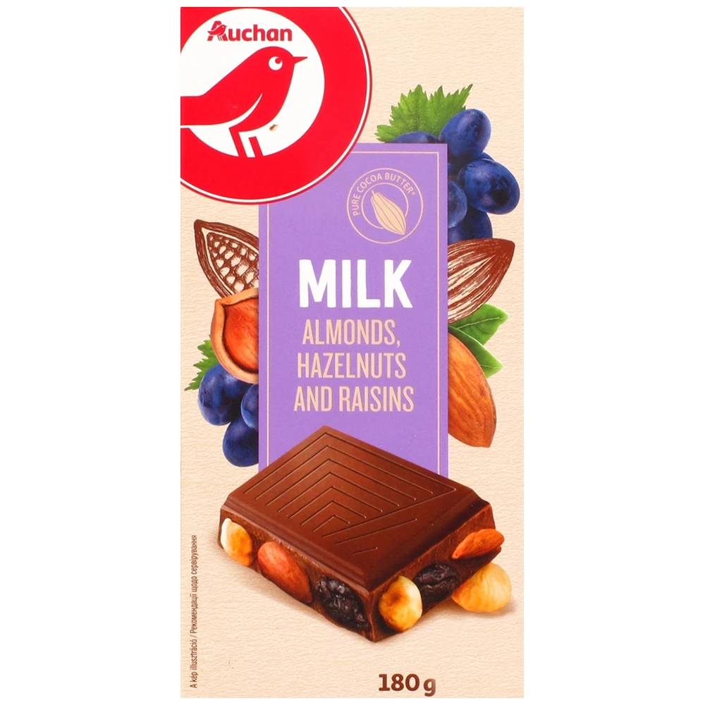 Шоколад молочний Auchan молочний з мигдалем, родзинками і фундуком 180 г (3245678047026)