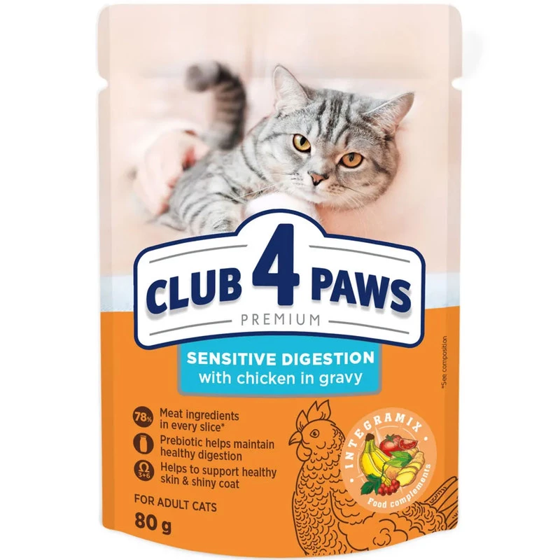 Корм вологий для котів Club 4 Paws Premium з чутливим травленням курка в соусі 80 г (4820215369282)
