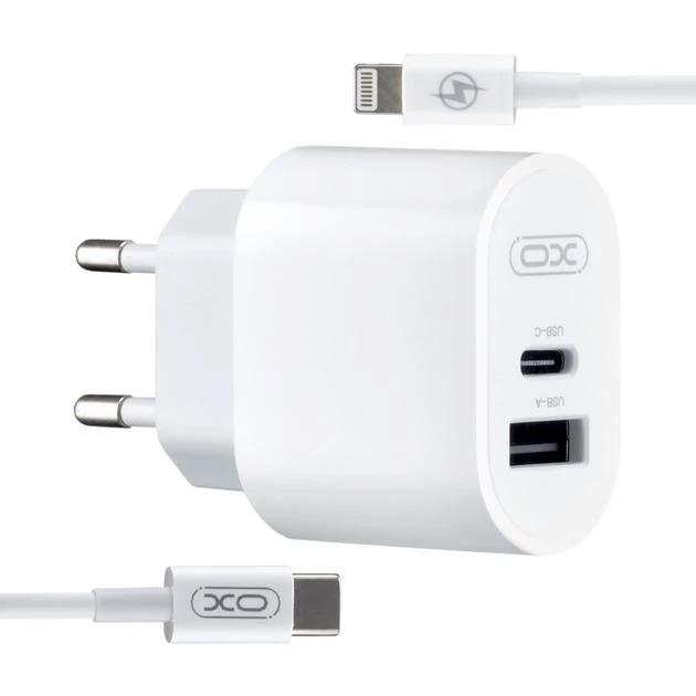 Мережевий зарядний пристрій Xo L97 (1Type-C/1USB/2.4A) + Type-C/Lightning білий (Xo-L97-L)
