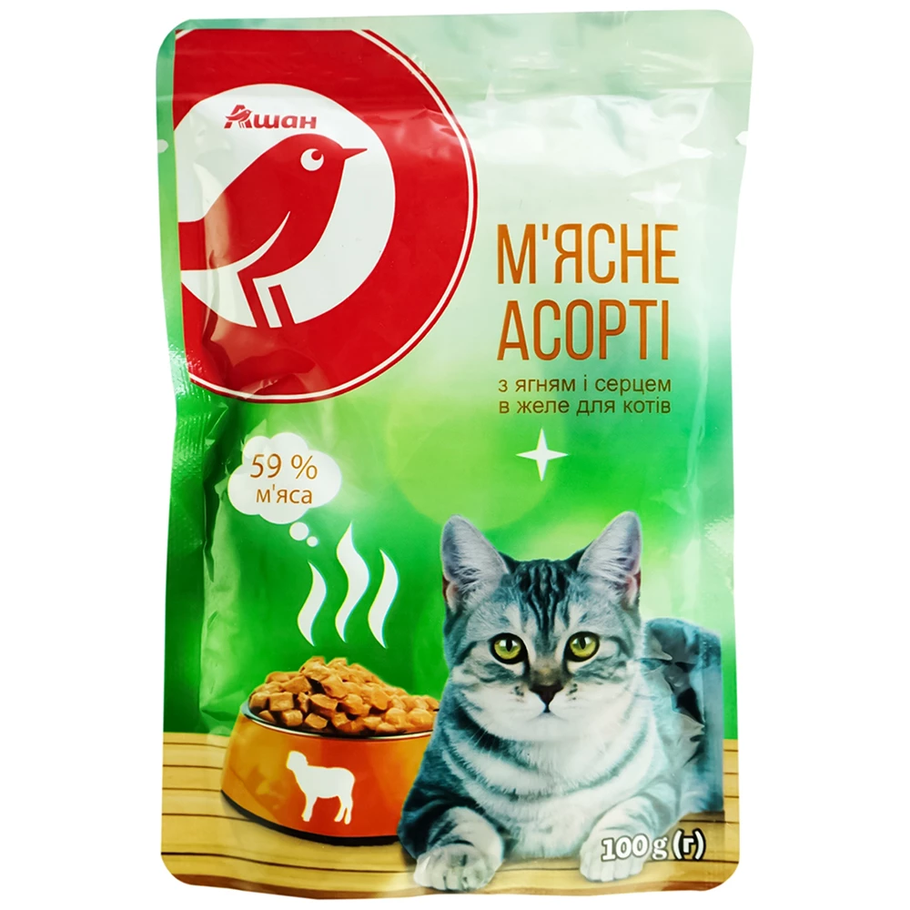 Корм для котів 100 г. Auchan М'ясне асорті з ягням і серцем в желе
