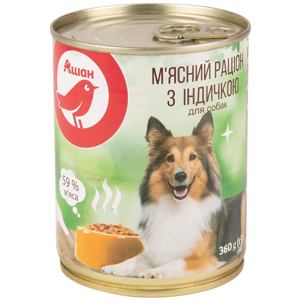 Консерва для дорослих собак усіх порід Auchan М'ясний раціон з індичкою 360 г (4823090121181)