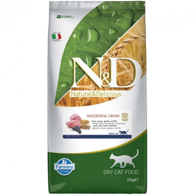 Низькозерновий сухий корм 10 кг для дорослих котів. Farmina N&D Low Grain Cat Lamb&Blueberry Adult з ягням та чорницею