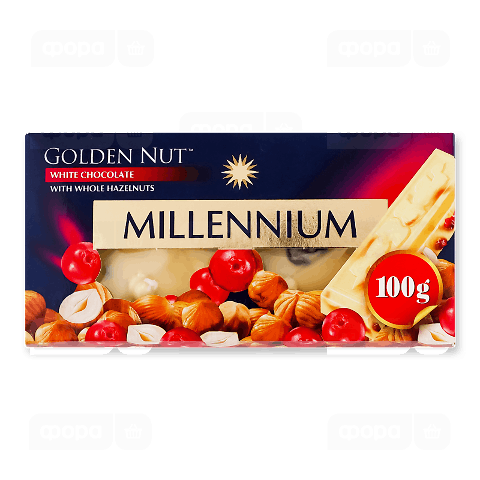 Білий шоколад Millennium Gold з цілими лісовими горіхами та журавлиною
