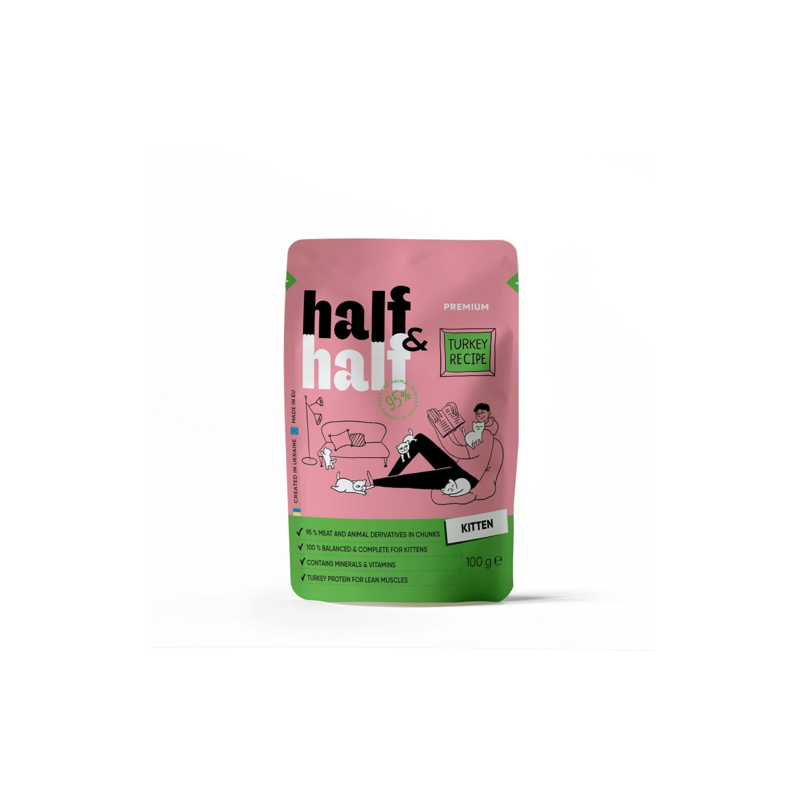 Корм вологий для кошенят Half&Half шматочки з індичкою в желе 100 г (4820261920864)