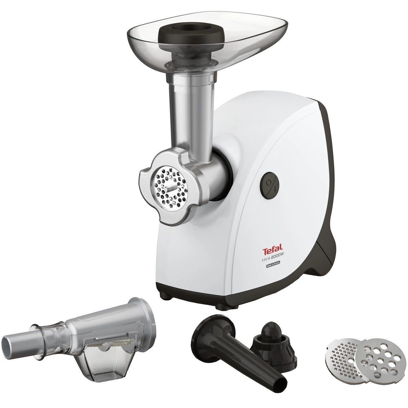 М'ясорубка Tefal, 2000 Вт, продук.-2.3кг/хв, 3 решітки + для ковб.,кеббе, насадка для томатів, пластик, біло-чорний