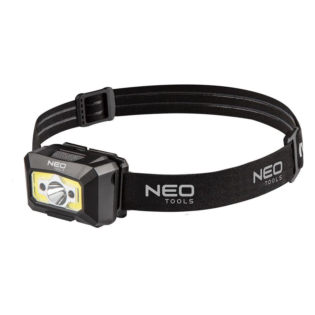 Ліхтар налобний Neo Tools, 250 люмен, 3Вт, USB, 1200 мАг, COB+XPE LED, 5 функцій освітлення, червоне світло, датчик руху, індикатор заряду