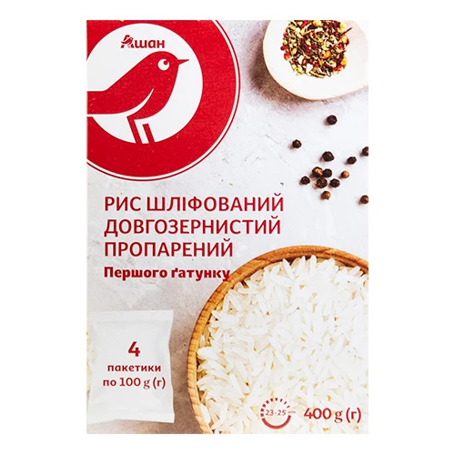 Рис довгозернистий шліфований пропарений Auchan, 4х100 г