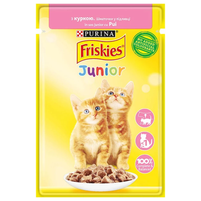 Корм вологий для кошенят Friskies Junior Шматочки в підливі з куркою, 85 г (7613036962292)