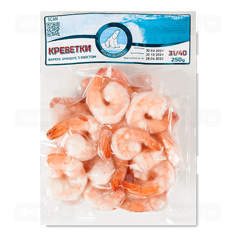 Креветки Polar Seafood варено-морожені чищені з хвостом 31-40