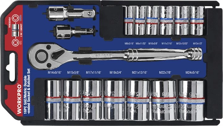 Набір торцевих головок з двостороннім цоколем Workpro 1/4" + 3/8" 16 предметів (W003048)